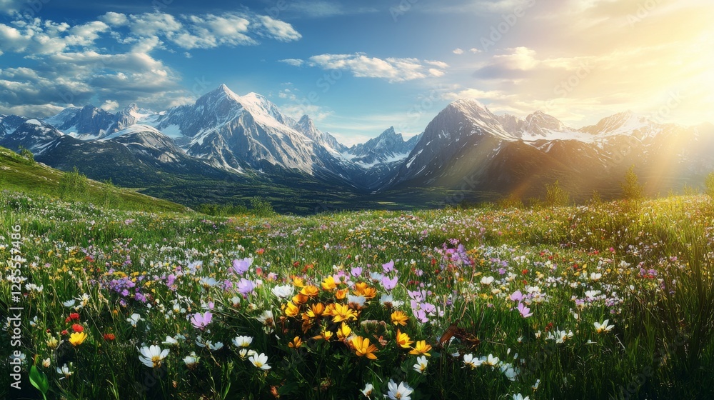 Fototapeta premium Mountain Meadow at Sunrise, Colorful Wildflowers, Majestic Peaks