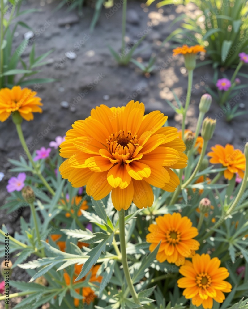 A vibrant orange flower stands tall among a bed of colorful blooms, showcasing its detailed petals against a backdrop of greenery. A vibrant orange flower stands tall among a bed of colorful blooms, showcasing its detailed petals against a backdrop of greenery.