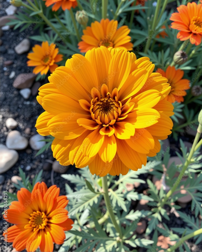 A vibrant display of orange flowers in full bloom, showcasing intricate petal arrangements against a backdrop of green foliage. A vibrant display of orange flowers in full bloom, showcasing intricate petal arrangements against a backdrop of green foliage.