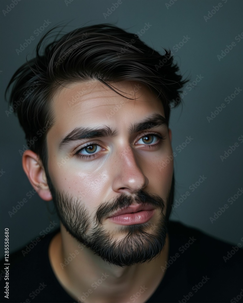 A close-up portrait of a young man with stylish hair and a well-groomed beard, gazing directly at the viewer against a muted background. A close-up portrait of a young man with stylish hair and a well-groomed beard, gazing directly at the viewer against a muted background.