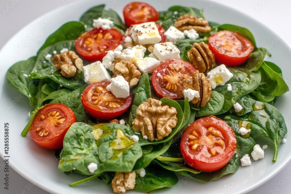 Fresh spinach salad with cherry tomatoes, feta cheese, and walnuts perfect for a healthy lunch or dinner gathering. Generative AI Fresh spinach salad with cherry tomatoes, feta cheese, and walnuts perfect for a healthy lunch or dinner gathering. Generative AI