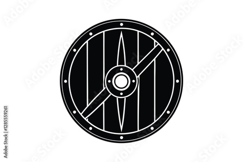 Silhouette art design of a Viking round shield with a metal boss.eps