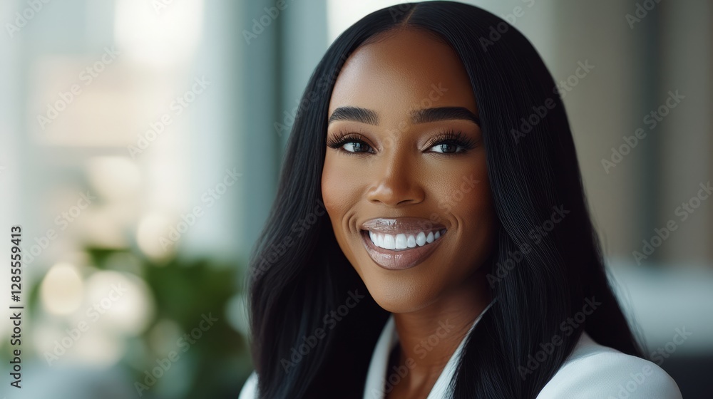 Radiant African American woman with a warm smile, exuding confidence and joy.
Radiant African American woman with a warm smile, exuding confidence and joy.