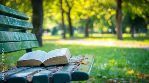 Fototapeta Naklejka Na Ścianę i Meble -  Open book on park bench, sunny day, reading outdoors, relaxing, tranquility