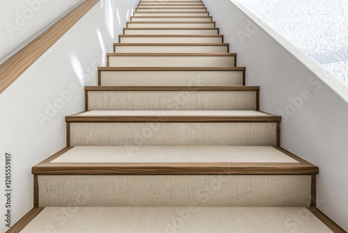 Beige stair treads with open risers and natural wood handrail in minimalist setting