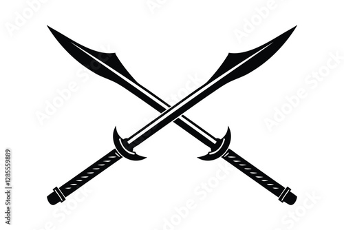 Silhouette art design of two crossed sai weapons with straight blades and curved guards.eps