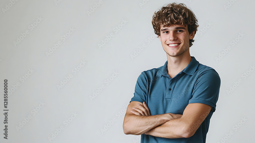 Obraz premium A young man with wavy brown hair and a friendly smile poses with arms crossed, wearing a blue polo shirt against a neutral light background, exuding confidence and warmth.