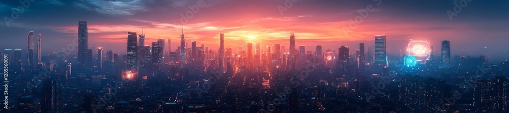 Fototapeta premium Cyberpunk cityscape with sunset in the background and high-tech neon signs. Generative AI