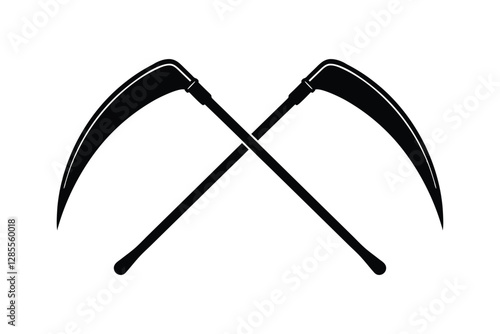 Silhouette art design of two crossed scythe with a long, curved blade and a straight wooden handles.eps