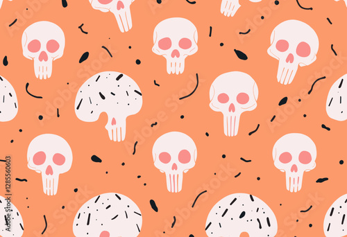 white skull faces with pink eyes and black outlines against an orange background.