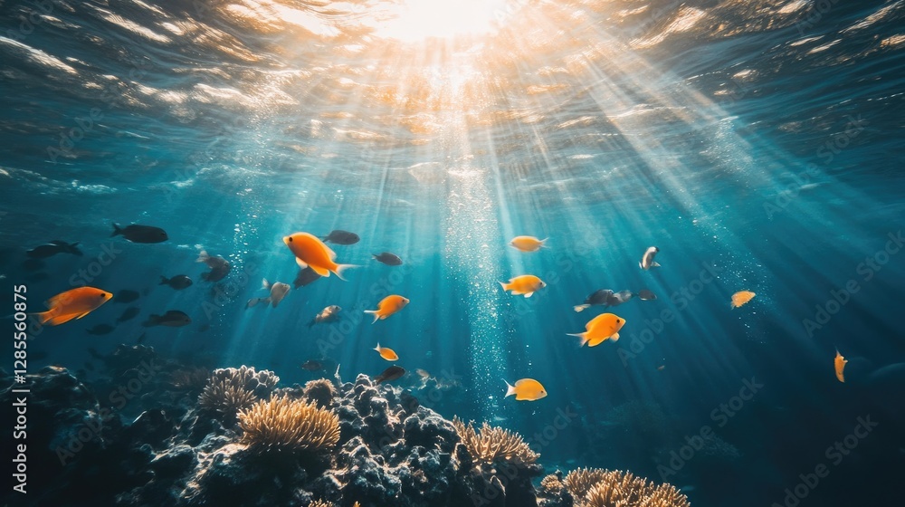 Naklejka premium Sunlight Rays Diffusing Through Clear Ocean Water with Colorful Fish