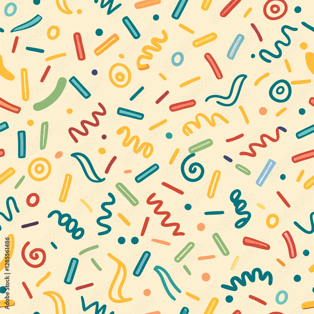 Colorful abstract seamless pattern with lines, dots, and swirls on a cream background. Colorful abstract seamless pattern with lines, dots, and swirls on a cream background.