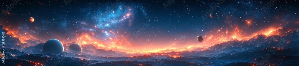 Mysterious alien world with fiery landscapes and distant planets floating in space. Generative AI Mysterious alien world with fiery landscapes and distant planets floating in space. Generative AI