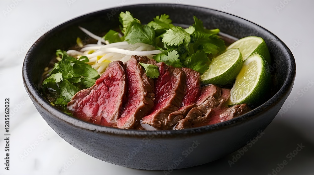 A bowl of pho with thinly sliced beef, fresh herbs, and aromatic broth, representing Vietnamese cuisine A bowl of pho with thinly sliced beef, fresh herbs, and aromatic broth, representing Vietnamese cuisine