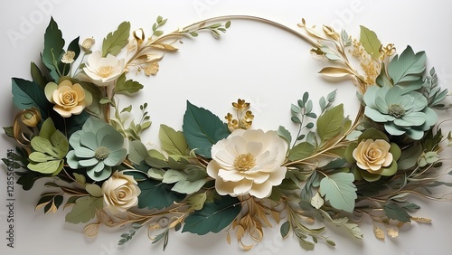 "Decorative Leaves and Gold Accents Arrangement: A Collection of Twigs, Herbs, Wreaths, and Leaf Compositions. Vector Design."