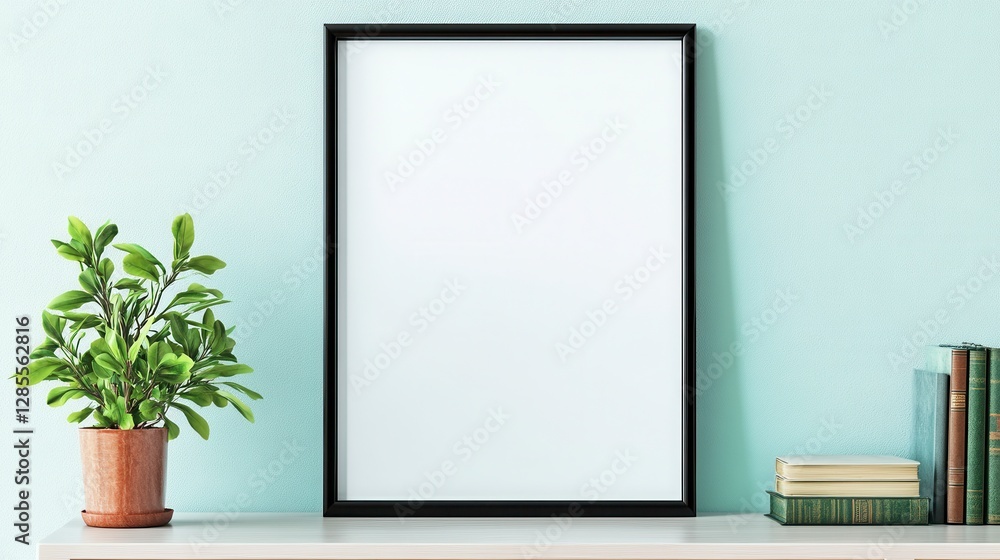 Elevate your space with this stunning blank canvas a framed poster mockup resting elegantly on a white shelf, complemented by lush green plants in a terracotta pot and vintage books, all against a Elevate your space with this stunning blank canvas a framed poster mockup resting elegantly on a white shelf, complemented by lush green plants in a terracotta pot and vintage books, all against a