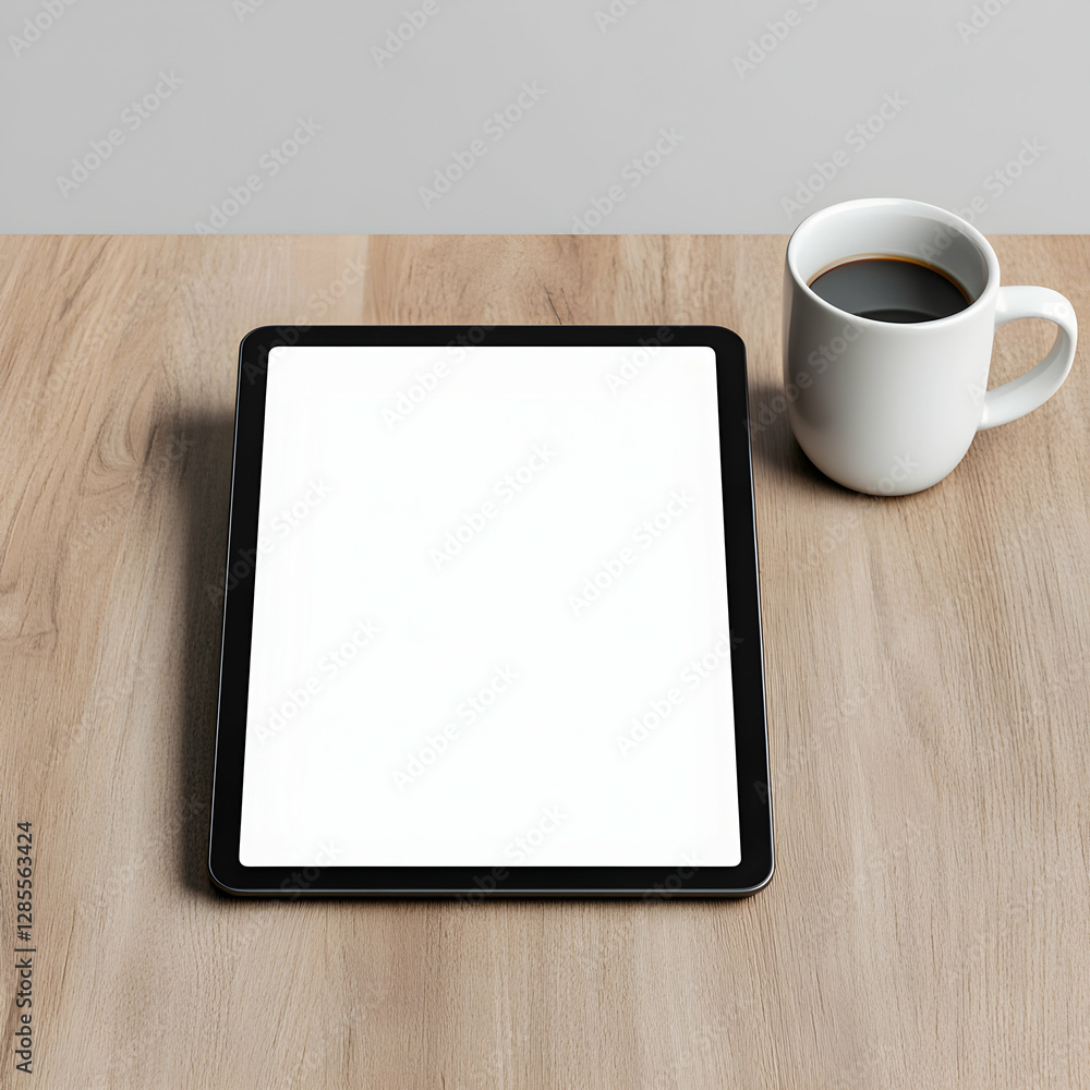 Minimalist workspace with tablet and coffee. Minimalist workspace with tablet and coffee.