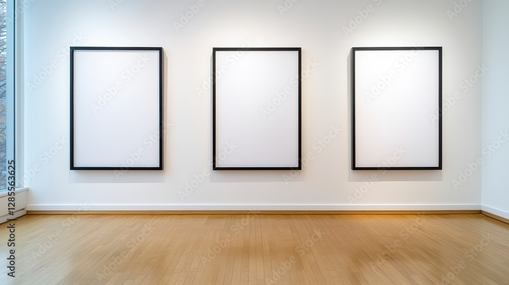 Explore a minimalist gallery space featuring three blank canvases hanging on a pristine white wall, illuminated by soft spotlights Perfect for showcasing artwork, photography, or design mockups, this Explore a minimalist gallery space featuring three blank canvases hanging on a pristine white wall, illuminated by soft spotlights Perfect for showcasing artwork, photography, or design mockups, this