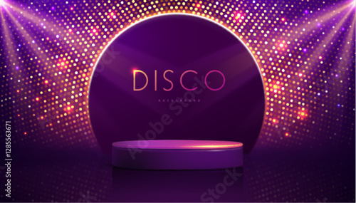 Disco party showcase background with 3d podium, disco ball sequin glitter texture and spot light beams. Disco ball background. Vector illustration