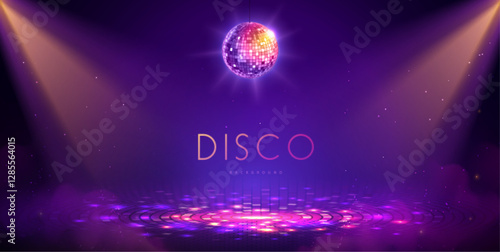 Disco party showcase background with neon dance floor, disco ball and spot light beams. Disco ball background. Vector illustration