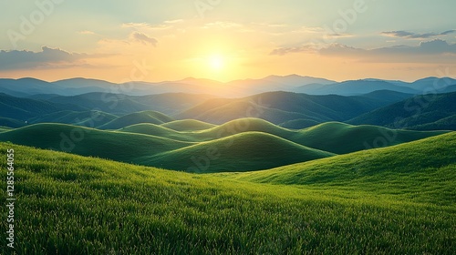 Serene Mountain Range with Rolling Green Hills Bathed in Pastel Sunset Glow