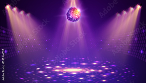 Disco party showcase background with neon dance floor, disco ball and spot light beams. Disco ball background. Vector illustration