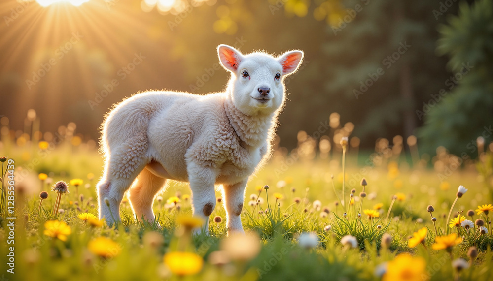 Fototapeta premium A fluffy lamb standing in a sunlit meadow filled with blooming flowers. This heartwarming image represents innocence, renewal, and the spiritual essence of Easter, ideal for springtime content.