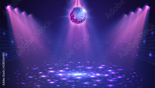 Disco party showcase background with neon dance floor, disco ball and spot light beams. Disco ball background. Vector illustration