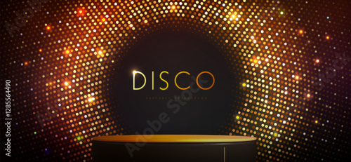 Disco party showcase background with 3d podium  and disco ball sequin glitter texture. Disco ball golden background. Vector illustration