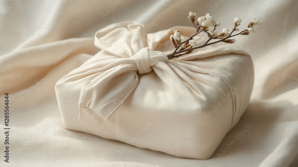 Elegant wrapped gift with natural flowers on soft fabric background Elegant wrapped gift with natural flowers on soft fabric background