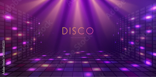 Disco party showcase background with neon rainbow dance floor and spot light beams. Disco ball background. Vector illustration