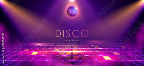 Disco party showcase background with neon dance floor, disco ball and spot light beams. Disco ball background. Vector illustration