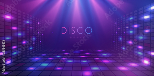 Disco party showcase background with neon rainbow dance floor and spot light beams. Disco ball background. Vector illustration