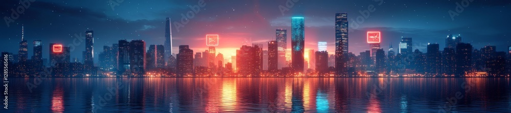 Night cityscape with futuristic glowing buildings and neon accents reflected in water. Generative AI Night cityscape with futuristic glowing buildings and neon accents reflected in water. Generative AI