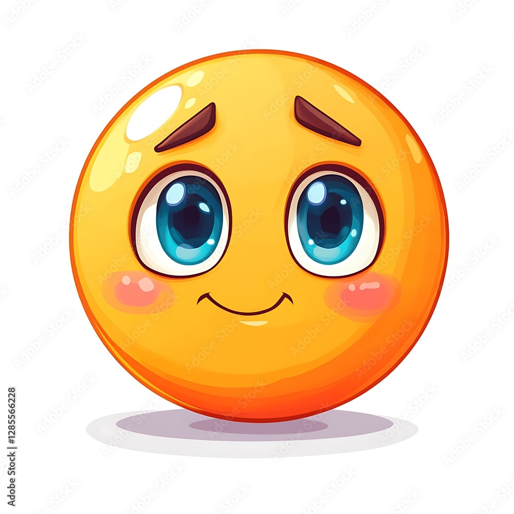 A cute emoji with large blue eyes and a small smile, with frown lines on the forehead, pink blush around the cheeks, and an orange body on a white background. A cute emoji with large blue eyes and a small smile, with frown lines on the forehead, pink blush around the cheeks, and an orange body on a white background.