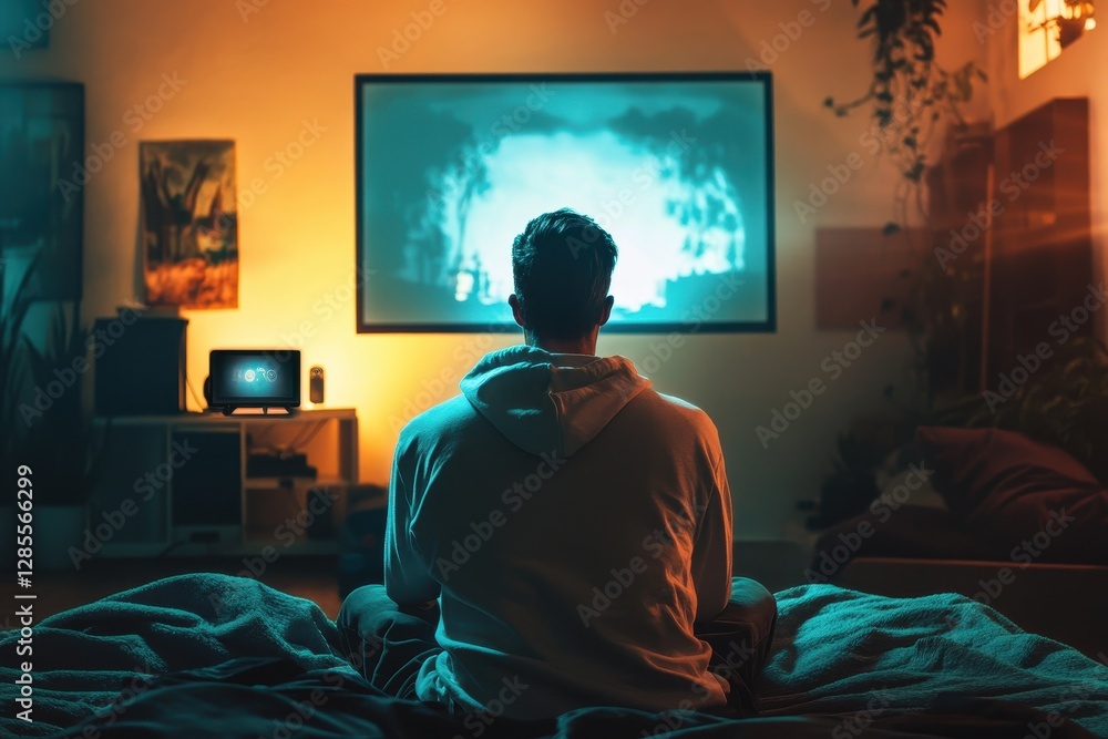 Watching a thrilling movie on a cozy evening in a dimly lit living room setting