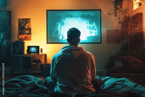Obraz na płótnie Watching a thrilling movie on a cozy evening in a dimly lit living room setting w salonie