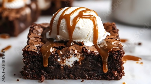 A close-up of a chocolate brownie topped with vanilla ice cream, representing a decadent dessert