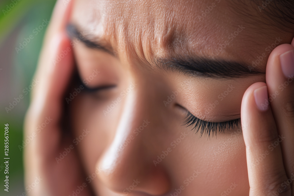 Fototapeta premium Experiencing stress, person holds their head with closed eyes, showcasing tension and discomfort. close up highlights emotional struggle and physical manifestation of stress
