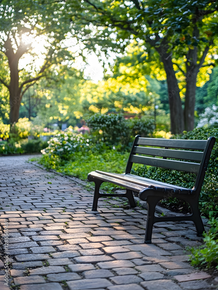 Serene park scene with sunlit wooden bench on stone path amidst lush green trees : Generative AI Serene park scene with sunlit wooden bench on stone path amidst lush green trees : Generative AI