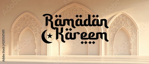 Ramadan Kareem greeting with crescent moon and star against an ornate Islamic architectural background Perfect for Ramadan, Eid, or Islamicthemed designs photo