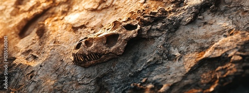 Fossilized Dinosaur Skull Embedded in Rocky Surface with Natural Lighting and Texture