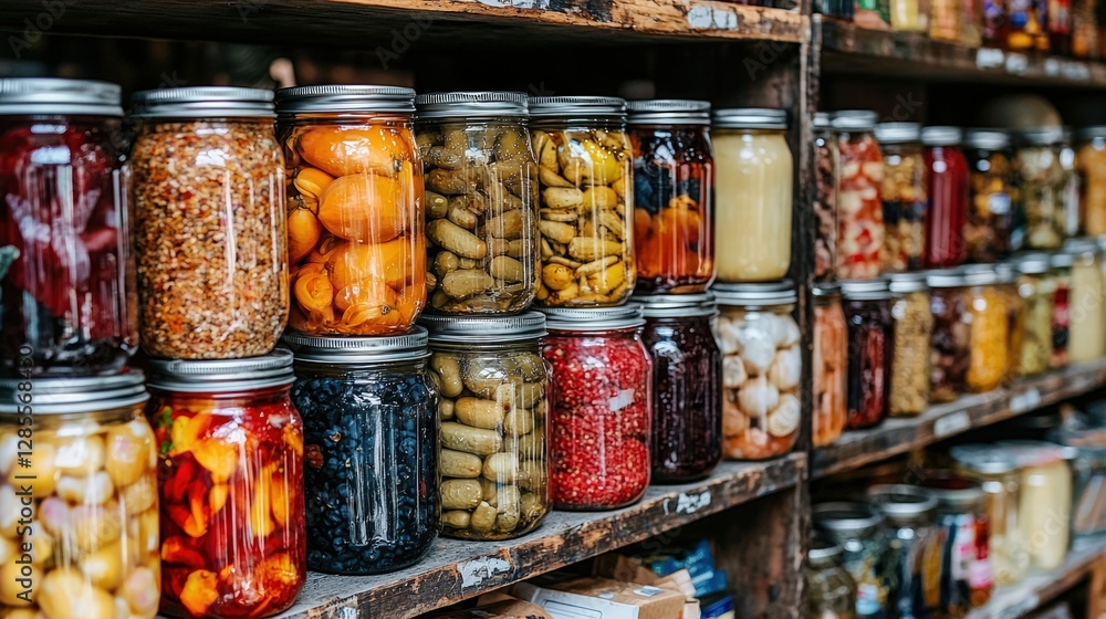 Jars of pickled fruit and nuts artfully arranged for display showcasing colorful and tasty treats Jars of pickled fruit and nuts artfully arranged for display showcasing colorful and tasty treats