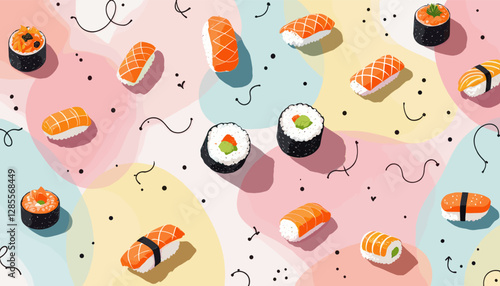 a variety of sushi rolls and sashimi arranged in a playful, abstract pattern on a colorful background.