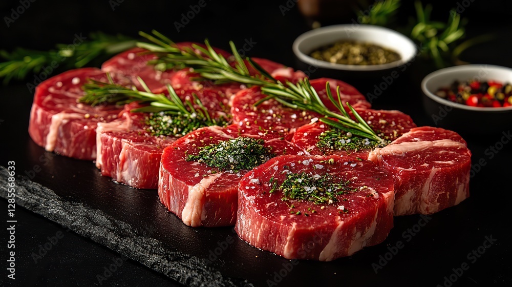 Fresh cuts of beef are displayed on a black background, showcasing different types of meat with rich marbling and vibrant color. Perfect for culinary presentations or meat-related content.