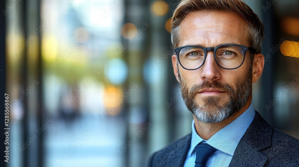 Professional man wearing glasses and a tailored suit posing confidently for a business portrait Professional man wearing glasses and a tailored suit posing confidently for a business portrait