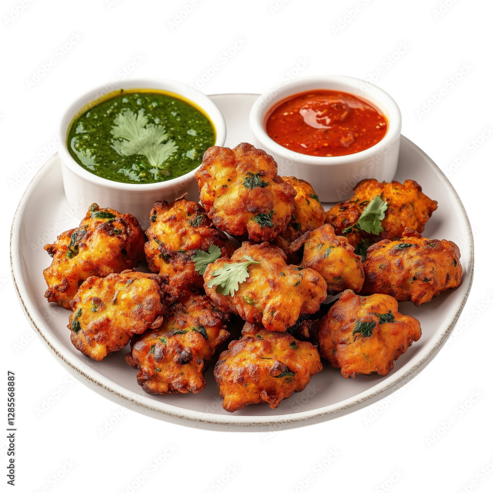 A plate of crispy, golden-brown cauliflower fritters served with tangy green chutney and spicy red sauce. A delicious vegetarian snack or appetizer. A plate of crispy, golden-brown cauliflower fritters served with tangy green chutney and spicy red sauce. A delicious vegetarian snack or appetizer.