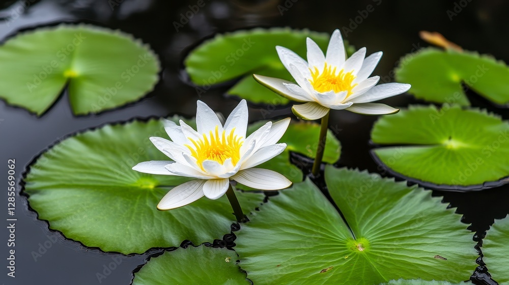 Serene White Water Lilies Blooming in a Tranquil Pond A Captivating Close-Up Photograph Showcasing the Delicate Beauty of Aquatic Flowers and Lush Green Lily Pads, Reflecting the Calm Waters A Study Serene White Water Lilies Blooming in a Tranquil Pond A Captivating Close-Up Photograph Showcasing the Delicate Beauty of Aquatic Flowers and Lush Green Lily Pads, Reflecting the Calm Waters A Study
