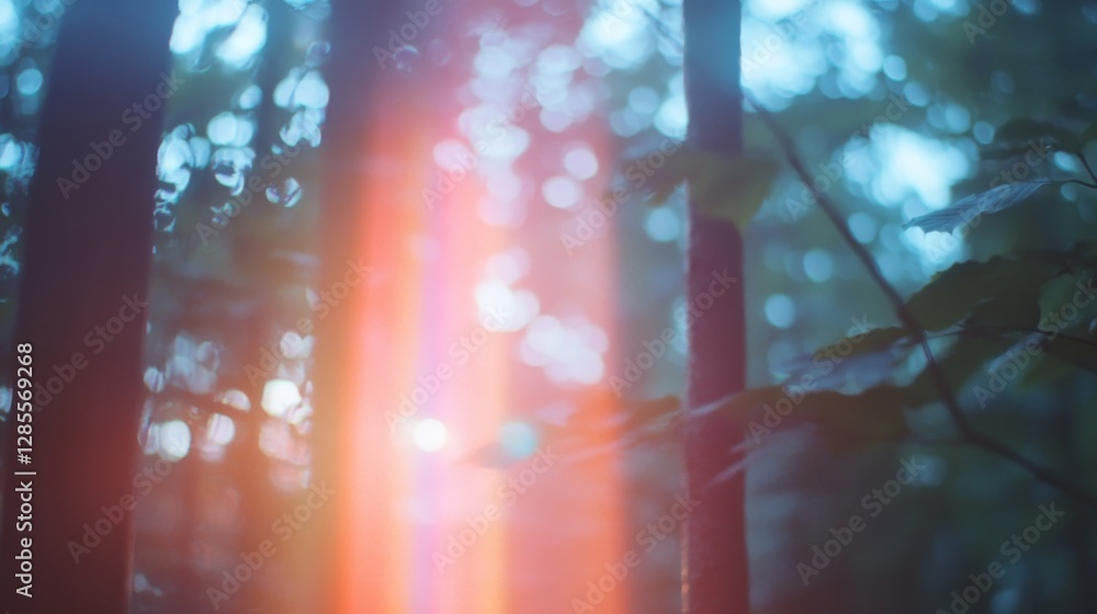 Naklejka premium Sunlight filtering through forest canopy
