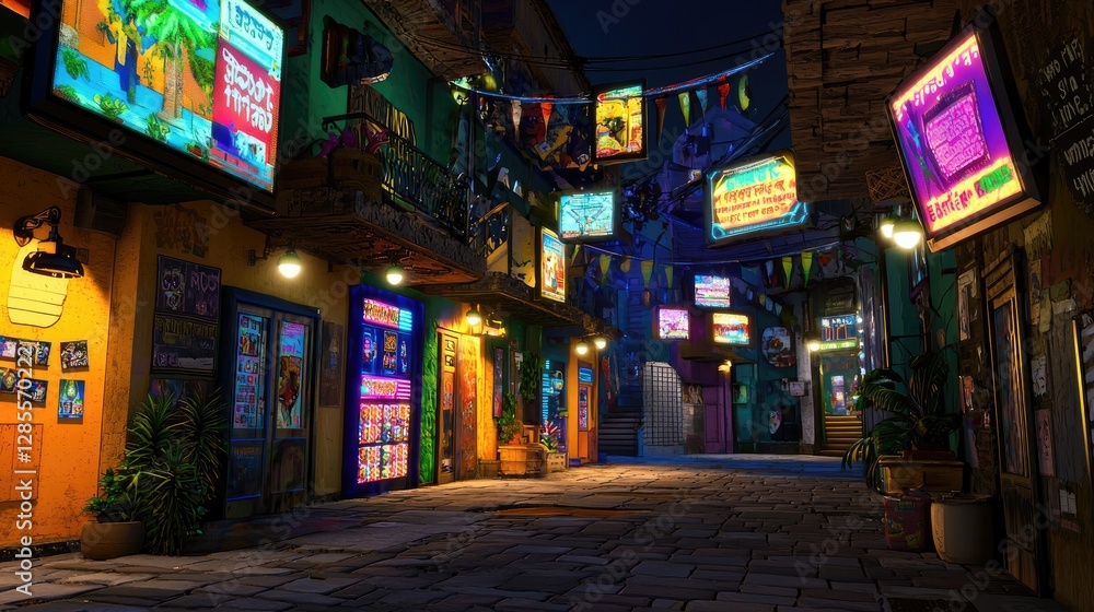 Naklejka premium Colorful Nighttime Alley with Neon Signs and Vibrant Decorations